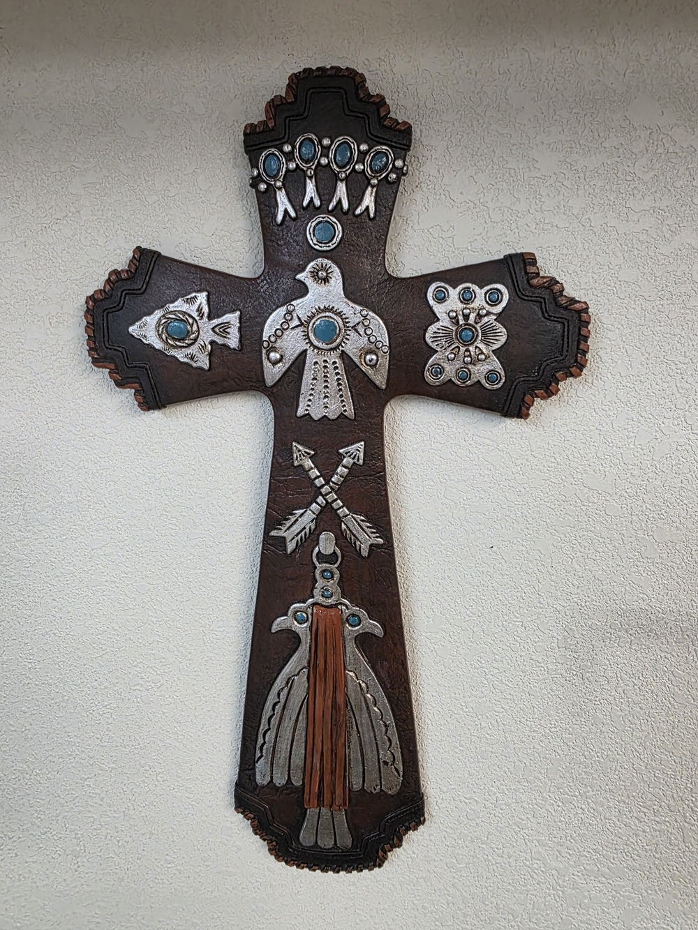 Turquoise Accent Brown Decorative Wall Cross